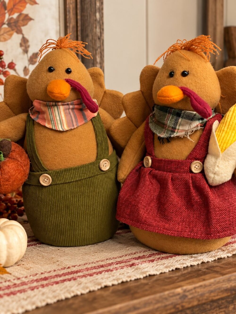 Vintage Thanksgiving Table Turkeys Pair 13” Farmhouse Fall Harvest Decor